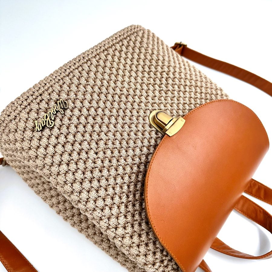 Ribbon Δερμάτινη Backpack, Μπεζ-Ταμπά - Image 2