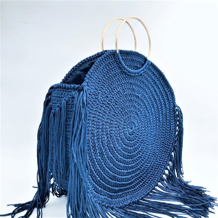 Hand Bag Boho, Μπλέ Navy Με Μεταλλικά Χεράκια - Image 2