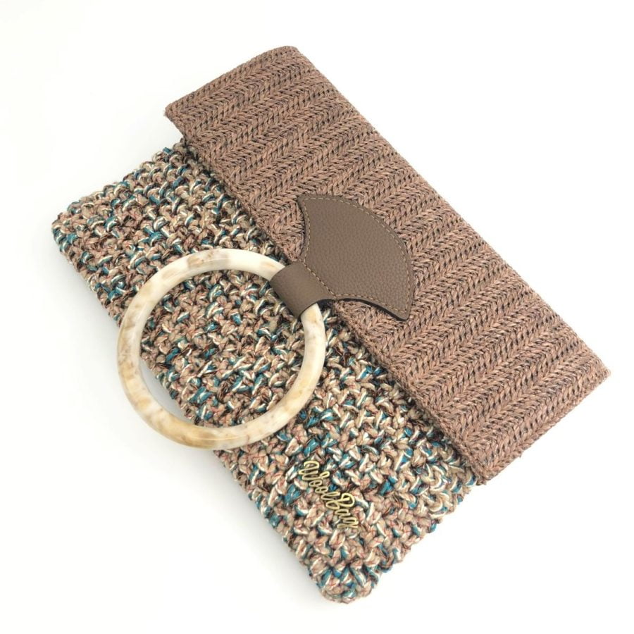 Hand Bag Foldy, Καφέ Ψάθινο Καπάκι με Νήμα Pom-Pom σε Χρώμα Μπεζ-Πετρόλ