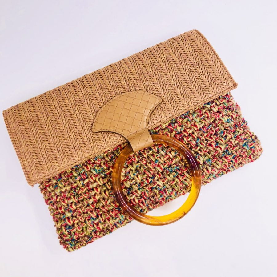 Hand Bag Foldy, Ταμπά με Ψάθινο Καπάκι και Νήμα Pom-Pom