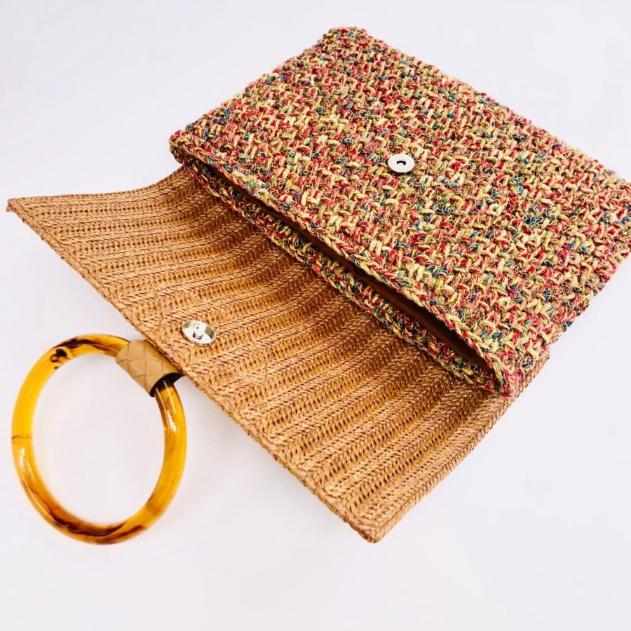 Hand Bag Foldy, Ταμπά με Ψάθινο Καπάκι και Νήμα Pom-Pom - Image 6