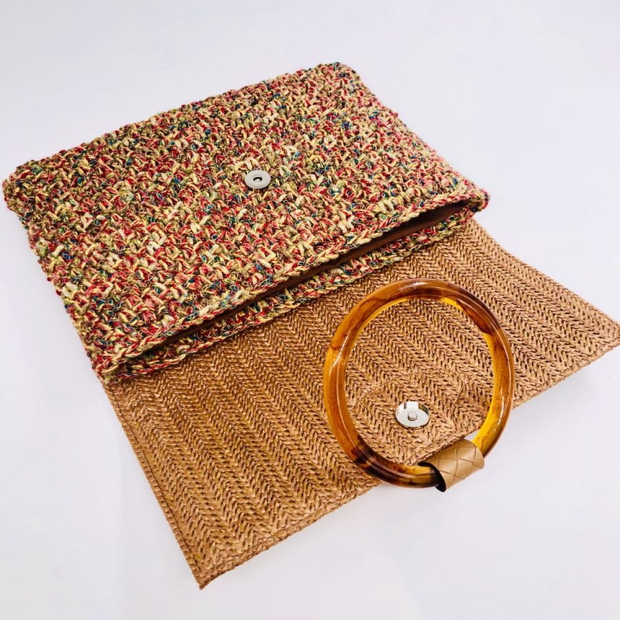 Hand Bag Foldy, Ταμπά με Ψάθινο Καπάκι και Νήμα Pom-Pom - Image 5