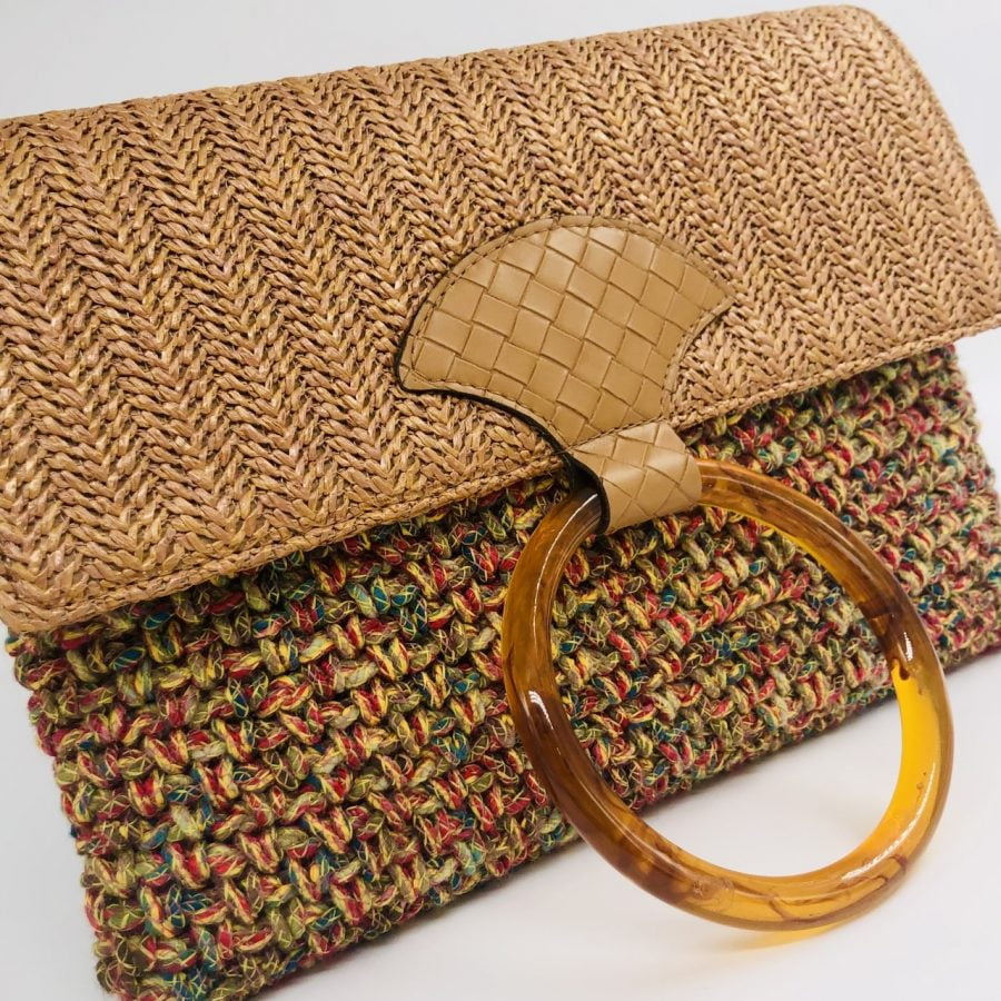 Hand Bag Foldy, Ταμπά με Ψάθινο Καπάκι και Νήμα Pom-Pom - Image 4