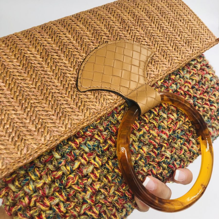 Hand Bag Foldy, Ταμπά με Ψάθινο Καπάκι και Νήμα Pom-Pom - Image 3