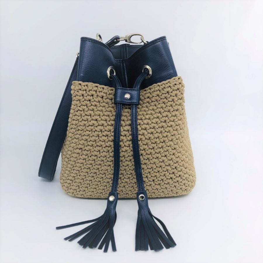 Τσαντάκι Πουγκί Sugar, Μπλέ Navy με Νήμα Μπέζ Πούρου