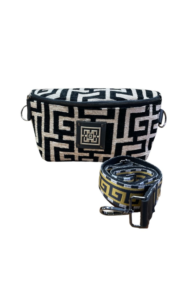 Midneto Urania I Black Beige Chenille Shoulder Bag Labyrinth, Μπεζ-Μαύρο Χρώμα σενίλ