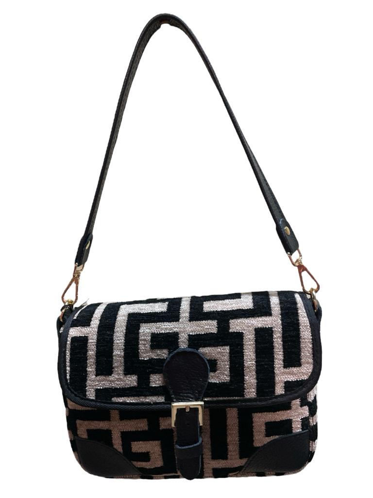 Midneto Shoulder Bag Ismini, Chenille, Μαύρο-Μπεζ Χρώμα, - Image 6