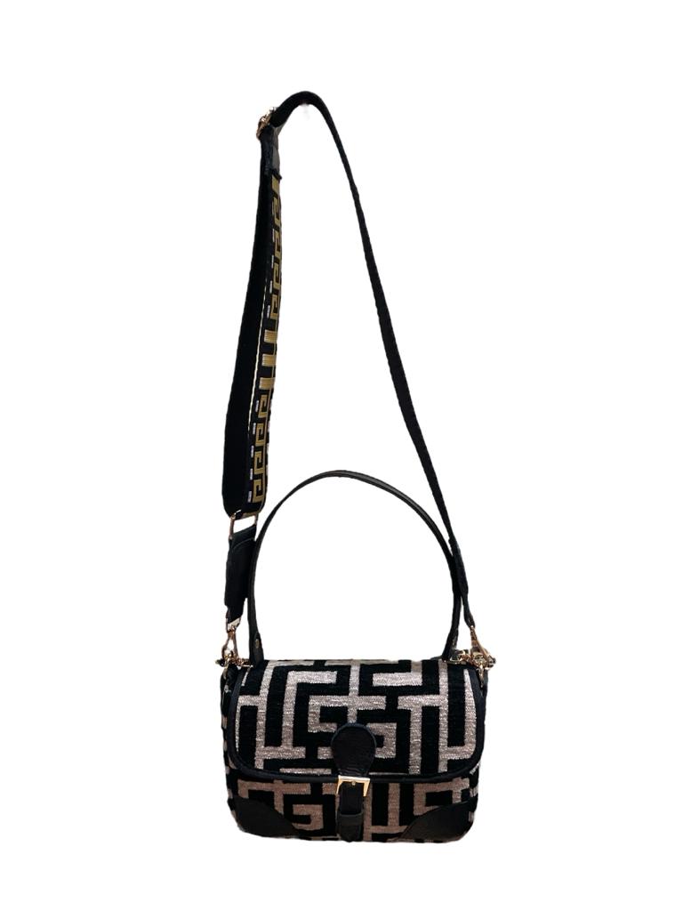 Midneto Shoulder Bag Ismini, Chenille, Μαύρο-Μπεζ Χρώμα, - Image 4