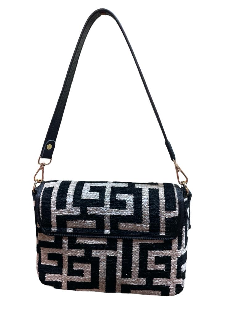 Midneto Shoulder Bag Ismini, Chenille, Μαύρο-Μπεζ Χρώμα, - Image 3